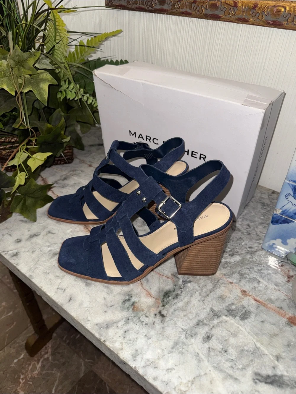Marc Fisher Navy Suede Multi-Strap Block Heel Sandals